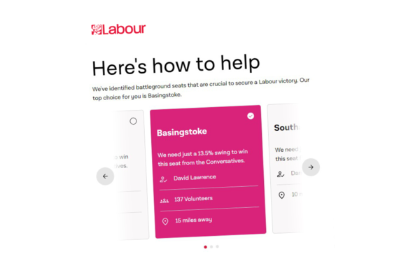 Screenshot of the Labour Party website instructing people to campaign in Basingstoke.