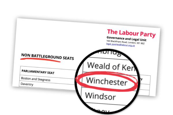 A document from Labour Party HQ showing 'non battleground seats'. Winchester is on the list.